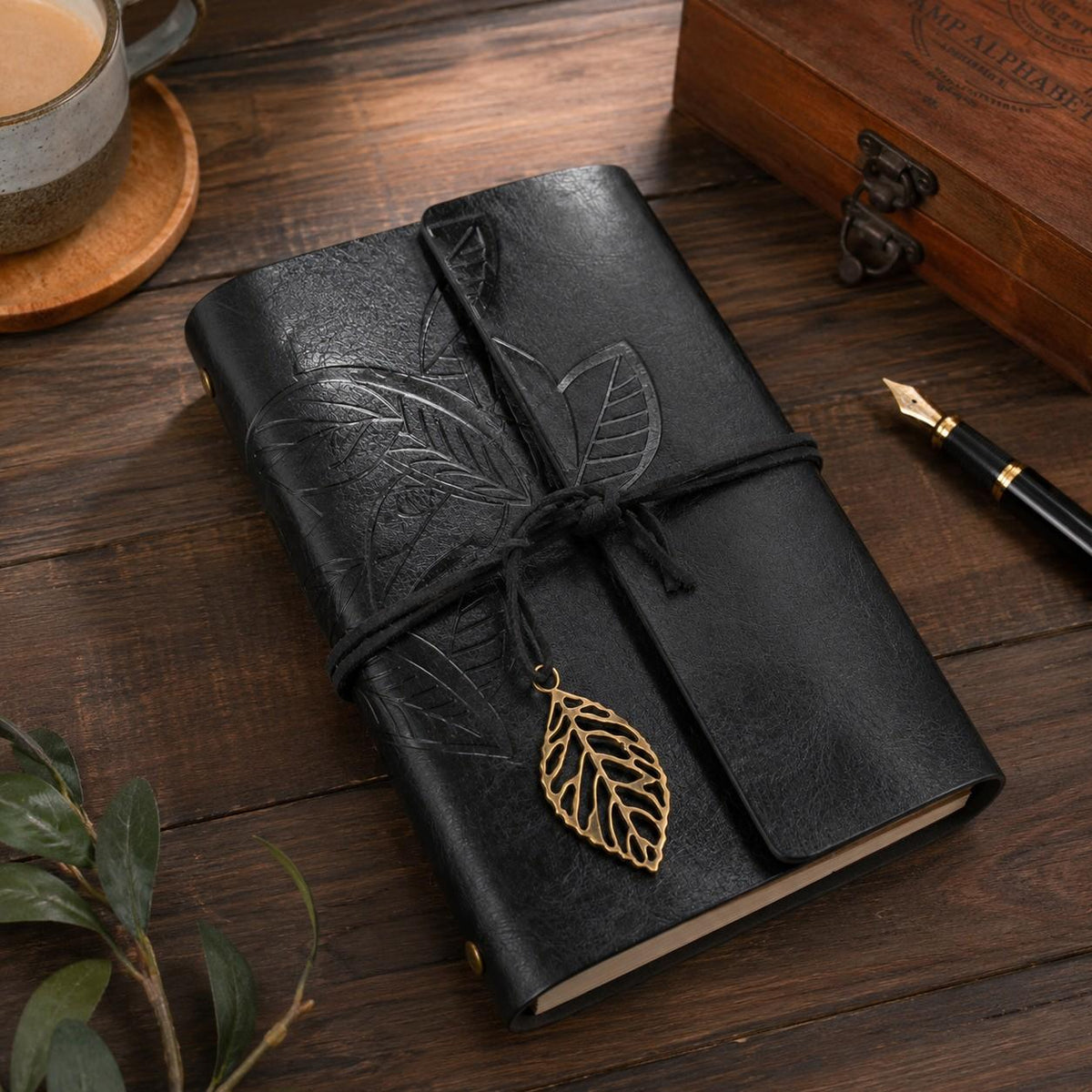 Handmade PU Leather Journal Notebook with Antique Leaf Metal Closure, Refillable Vintage Writing Diary, Waterproof & Dust Resistant Cover, Removable Pages for Travel, Office, Sketching & Gift