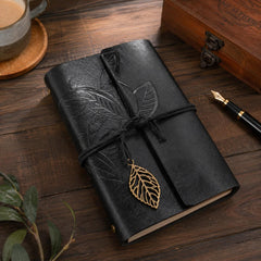Handmade PU Leather Journal Notebook with Antique Leaf Metal Closure, Refillable Vintage Writing Diary, Waterproof & Dust Resistant Cover, Removable Pages for Travel, Office, Sketching & Gift