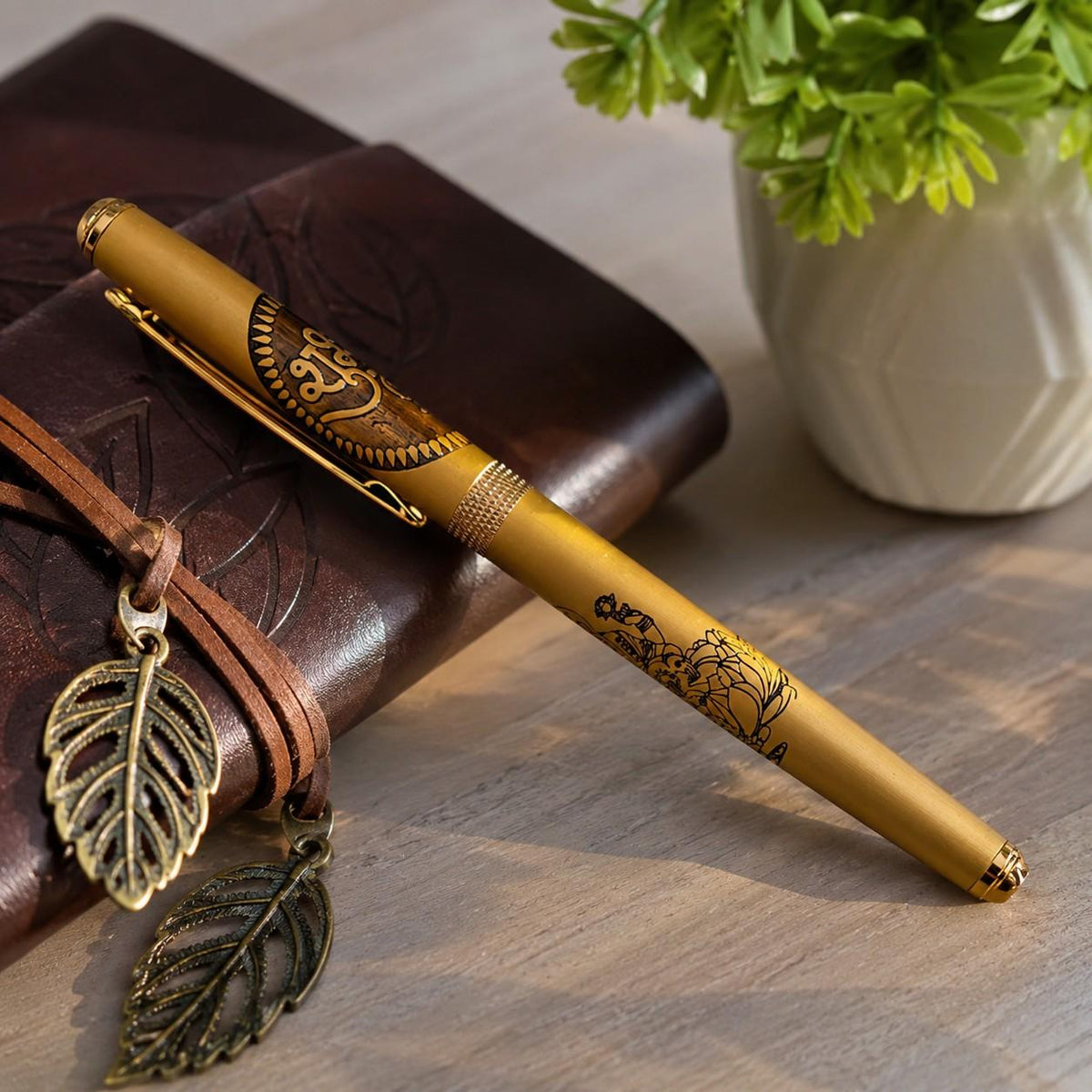 Laxmi & Shub Labh Engraved On Metal Body Rollerball Pen With Golden Trims & Blue Refill (Blue)