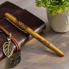 Laxmi & Shub Labh Engraved On Metal Body Rollerball Pen With Golden Trims & Blue Refill (Blue)