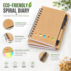 Eco Friendly Spiral Notebook with Sticky Notes & Pen | 50 Pages Diary