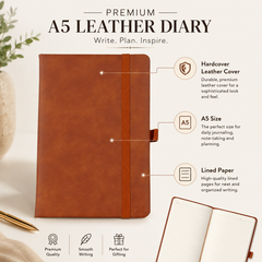 Premium A5 Hardcover Leather Diary Notebook with Pen Holder Elastic Band Ruled Pages Office Journal Writing Notebook for Work Business Meetings College Daily Planner Gift Brown