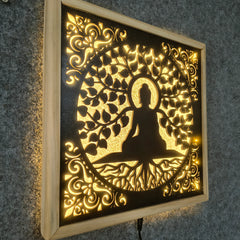 Buddha LED Wall Decor Frame | Illuminated Buddha Wall Hanging with Warm Yellow Light | Wooden Meditation Wall Art | Home Temple Decor