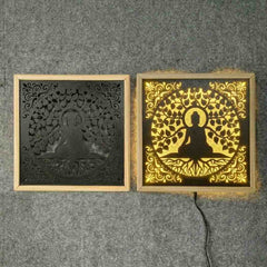 Buddha LED Wall Decor Frame | Illuminated Buddha Wall Hanging with Warm Yellow Light | Wooden Meditation Wall Art | Home Temple Decor