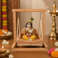 Wooden Deity Jhula for Laddu Gopal, Bal Gopal, Krishna Ji & all Idols | Handcrafted Pooja Swing for Home Temple, Mandir Décor & Festivals