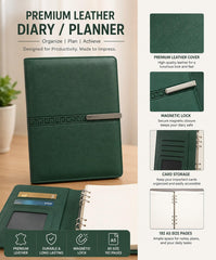 A5 Premium Green Leather Diary with Card Holder, Pen Loop & Lock