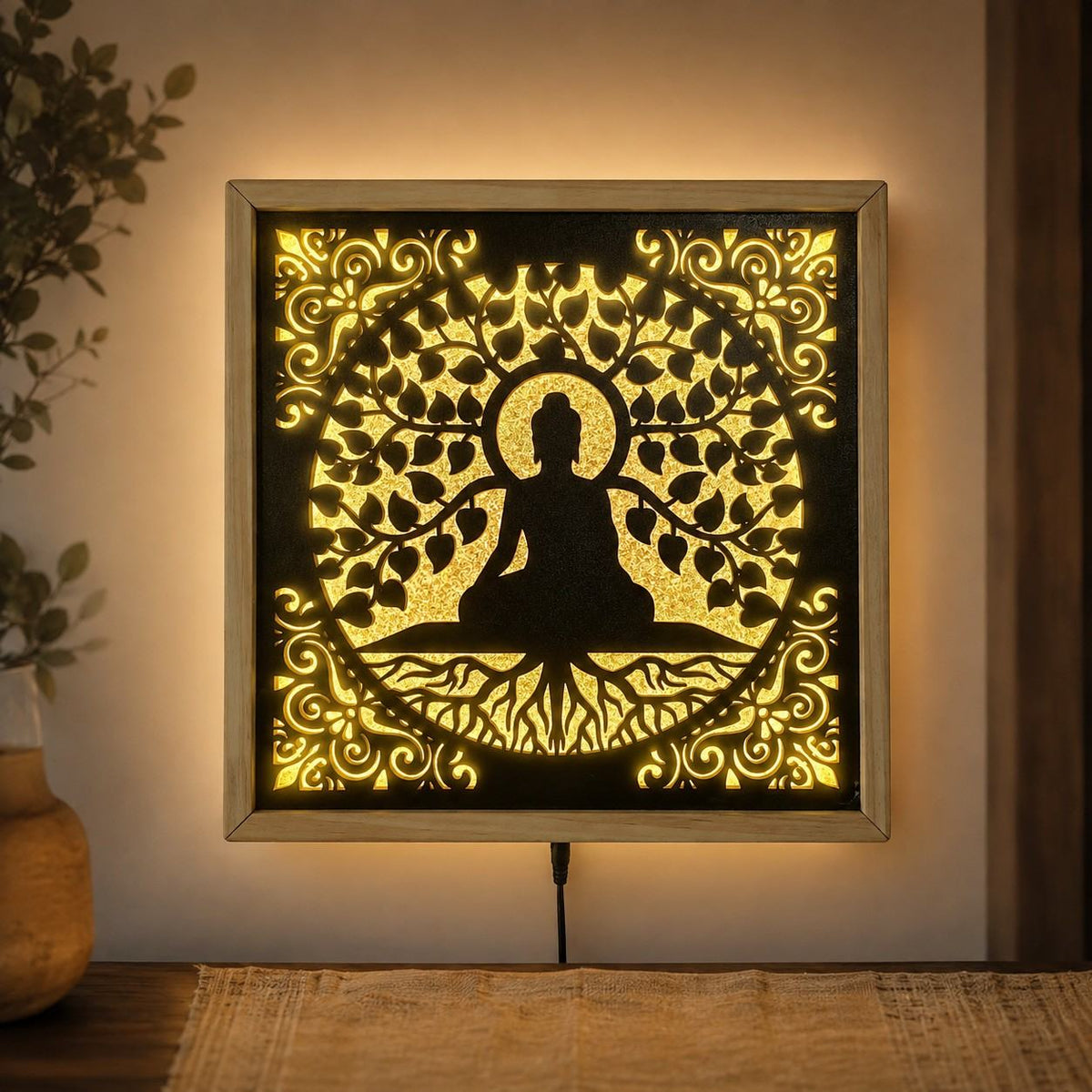 Buddha LED Wall Decor Frame | Illuminated Buddha Wall Hanging with Warm Yellow Light | Wooden Meditation Wall Art | Home Temple Decor