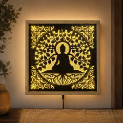 Buddha LED Wall Decor Frame | Illuminated Buddha Wall Hanging with Warm Yellow Light | Wooden Meditation Wall Art | Home Temple Decor