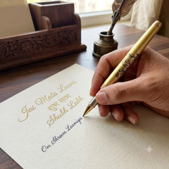 Laxmi & Shub Labh Engraved On Metal Body Rollerball Pen With Golden Trims & Blue Refill (Blue)