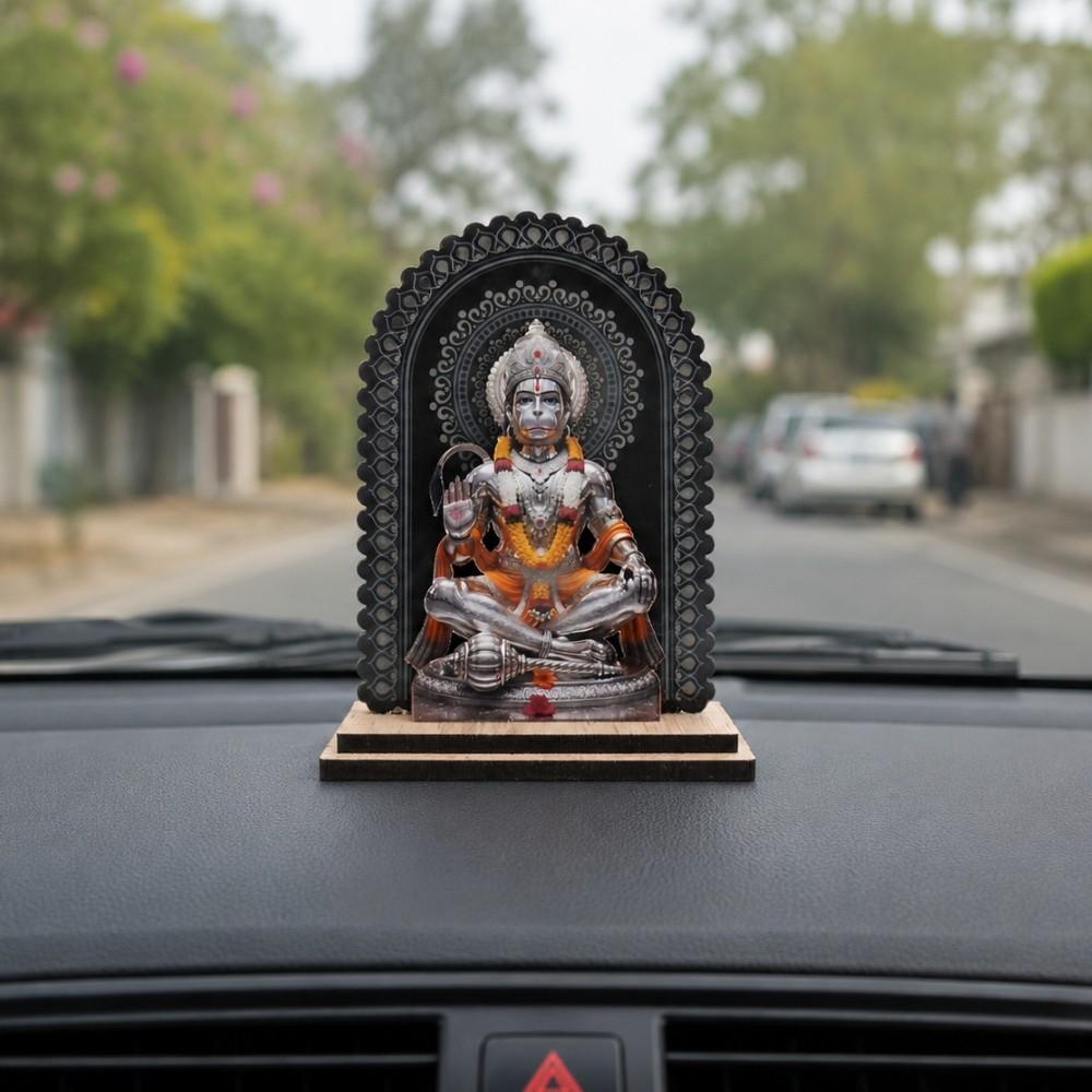 Lord Hanuman 3D Embossed MDF Wood Idol for Car Dashboard, Home Mandir, and Office Desk - Small Bajrangbali Murti for Temple & Pooja Room - Spiritual Religious Gift & Decorative Figurine