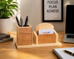 Wooden Desk Organizer with Pen Holder & Memo Card Stand Office