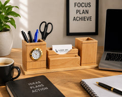 Wooden Desk Organizer with Clock & Card Holder for Office Table