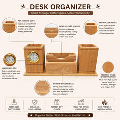 Wooden Desk Organizer with Clock & Card Holder for Office Table