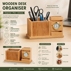 Premium Wooden Desk Organizer with Analog Clock  Pen Holder  Stationery Storage for Office Desk, Study Table Home Workspace