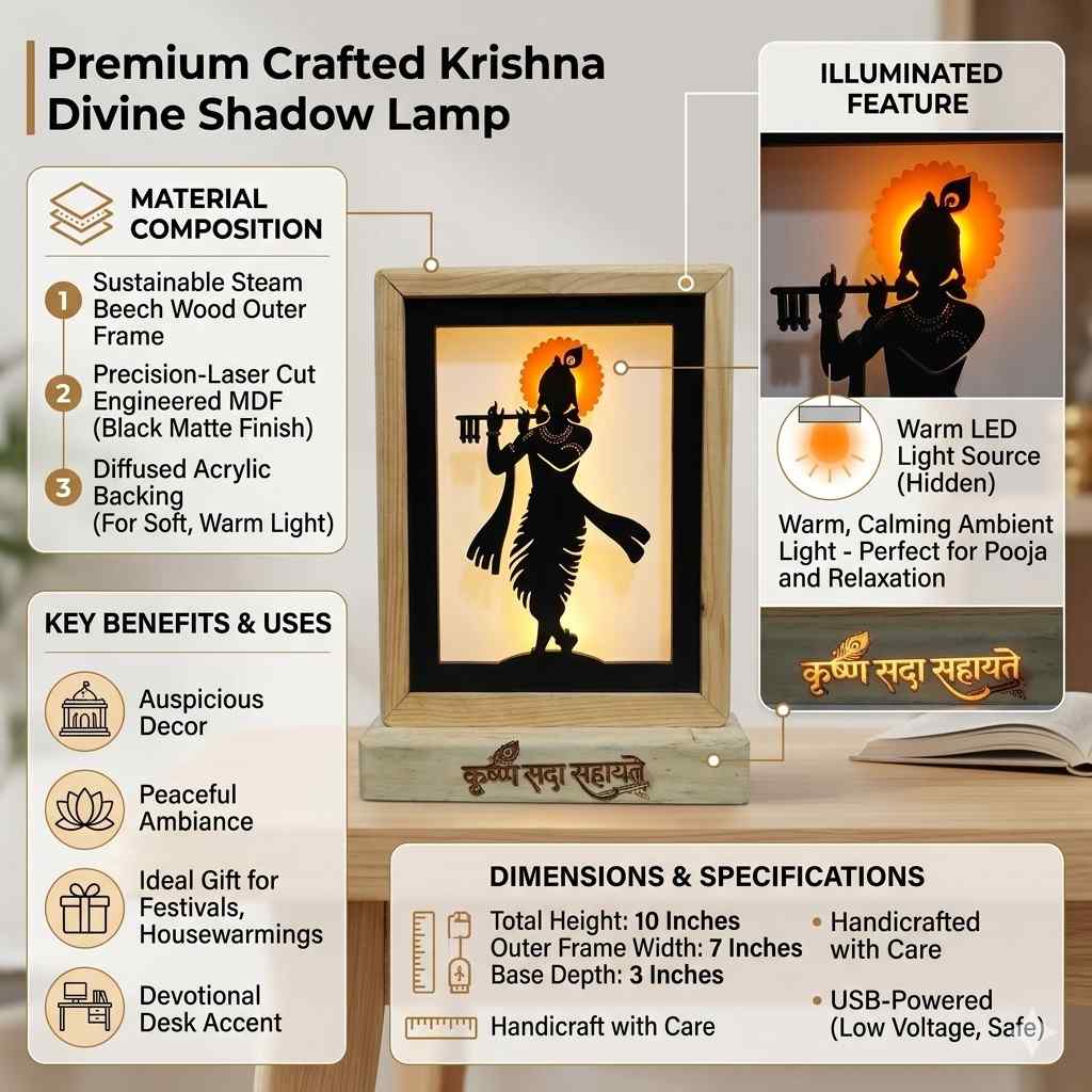 Divine Krishna LED Backlit Lamp 8.25" MDF Wood & Acrylic Night Light with Power Adapter Spiritual Home Decor for Wall, Table, Gift Soothing Illumination for Peace & Harmony