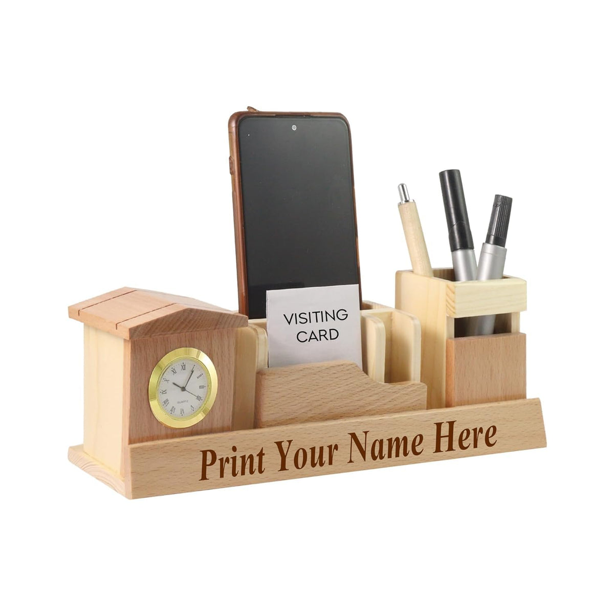 Personalized Wooden Desk Organizer with Clock & Pen Stand