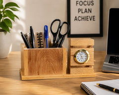 Premium Wooden Desk Organizer with Analog Clock  Pen Holder  Stationery Storage for Office Desk, Study Table Home Workspace