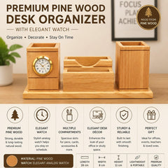 Wooden Desk Organizer with Clock & Card Holder for Office Table