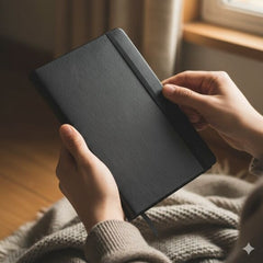 Classic Black PU Leather Notebook Journal for Men and Women, Premium Ruled/Lined Hardcover Diary with Integrated Elastic Band Closure and Ribbon