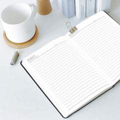 Classic Black PU Leather Notebook Journal for Men and Women, Premium Ruled/Lined Hardcover Diary with Integrated Elastic Band Closure and Ribbon