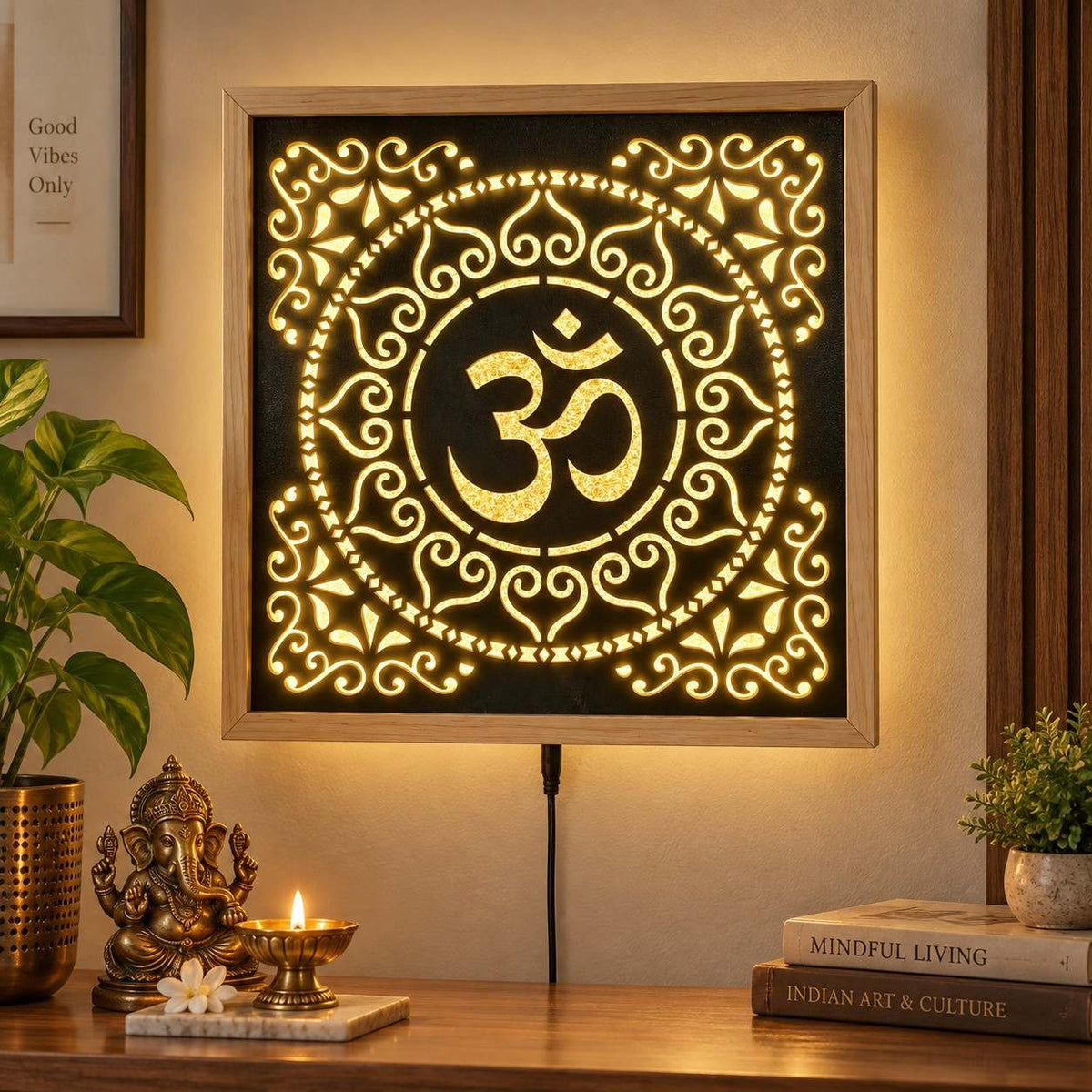 OM Wall Hanging Lighting Frame | Pine Wood Decorative Wall Hanging | Illuminated Aum Symbol Wooden Art for Home Temple, Living Room & Gift Purpose