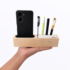 Wooden Desk Organizer with Phone Stand and Pen Holder Storage
