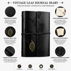 Handmade PU Leather Journal Notebook with Antique Leaf Metal Closure, Refillable Vintage Writing Diary, Waterproof & Dust Resistant Cover, Removable Pages for Travel, Office, Sketching & Gift