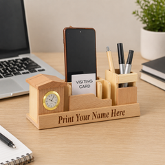 Personalized Wooden Desk Organizer with Clock & Pen Stand