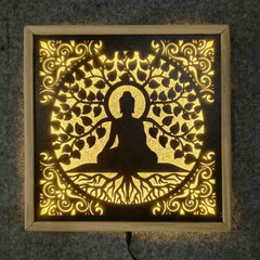 Buddha LED Wall Decor Frame | Illuminated Buddha Wall Hanging with Warm Yellow Light | Wooden Meditation Wall Art | Home Temple Decor