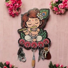 Krishna Wooden Key Holder for Wall | Wall Mounted Key Stand with 5 Hooks | Decorative MDF Key Hanger for Home Entryway, Living Room, Office | Spiritual Wall Art Gift