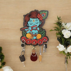Krishna Wooden Key Holder for Wall | Wall Mounted Key Stand with 5 Hooks | Decorative MDF Key Hanger for Home Entryway, Living Room, Office | Spiritual Wall Art Gift
