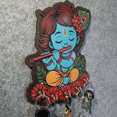 Krishna Wooden Key Holder for Wall | Wall Mounted Key Stand with 5 Hooks | Decorative MDF Key Hanger for Home Entryway, Living Room, Office | Spiritual Wall Art Gift