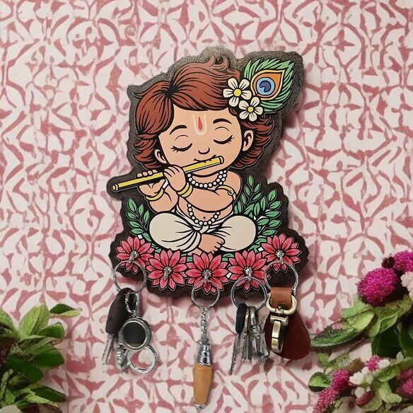 Krishna Wooden Key Holder for Wall | Wall Mounted Key Stand with 5 Hooks | Decorative MDF Key Hanger for Home Entryway, Living Room, Office | Spiritual Wall Art Gift