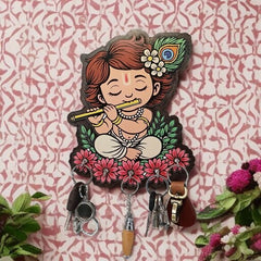 Krishna Wooden Key Holder for Wall | Wall Mounted Key Stand with 5 Hooks | Decorative MDF Key Hanger for Home Entryway, Living Room, Office | Spiritual Wall Art Gift