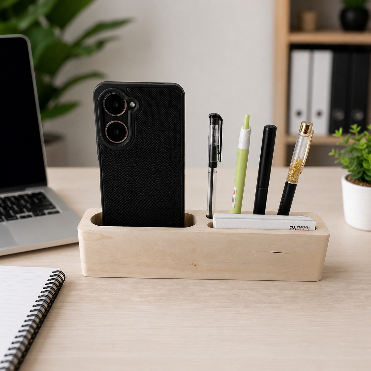 Wooden Desk Organizer with Phone Stand and Pen Holder Storage