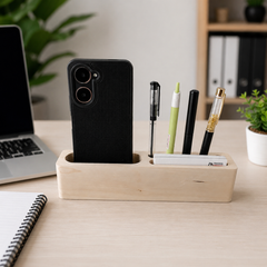 Wooden Desk Organizer with Phone Stand and Pen Holder Storage