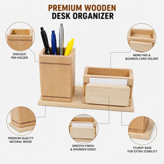 Wooden Desk Organizer with Pen Holder & Note Card Stand Office