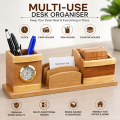 Handcrafted Wooden Multi-Purpose Desk Organizer with Clock Pen Holder Business Card Holder  Coaster Set