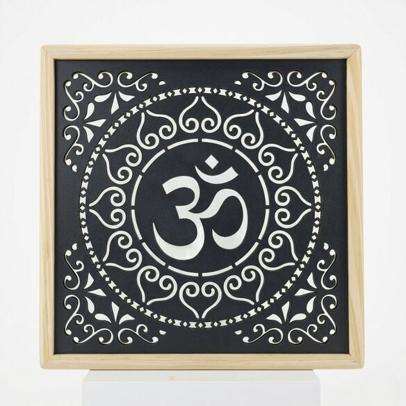 OM Wall Hanging Lighting Frame | Pine Wood Decorative Wall Hanging | Illuminated Aum Symbol Wooden Art for Home Temple, Living Room & Gift Purpose