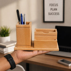 Wooden Desk Organizer with Pen Holder & Business Card Stand Set