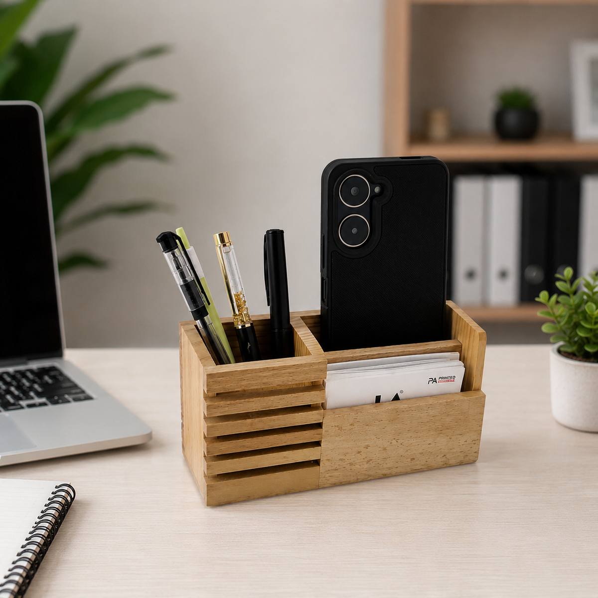Wooden Mobile Stand with Pen Holder Desk Organizer