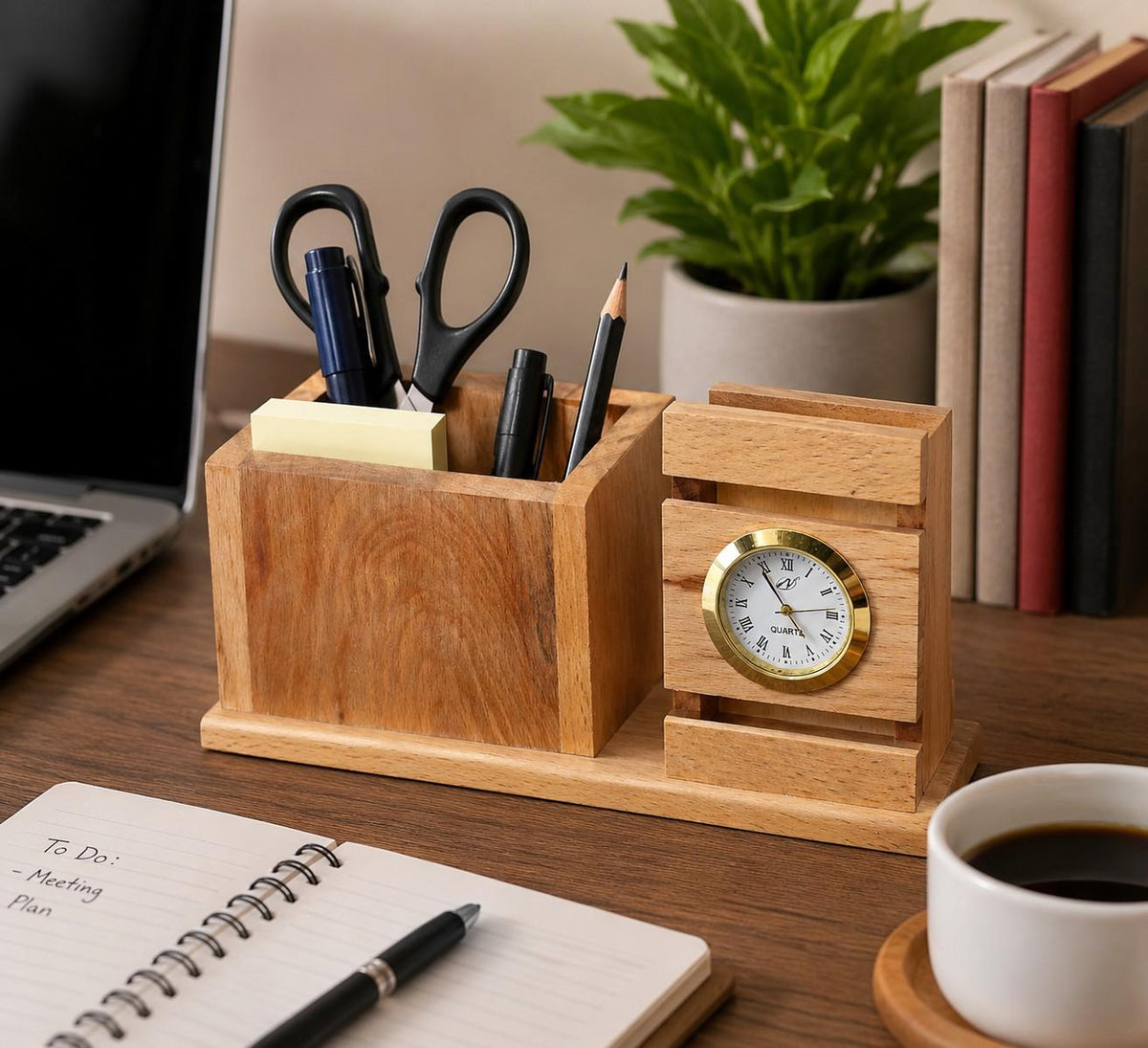Premium Wooden Desk Organizer with Analog Clock  Pen Holder  Stationery Storage for Office Desk, Study Table Home Workspace