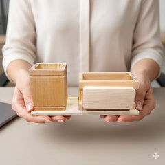 Wooden Desk Organizer with Pen Holder & Note Card Stand Office
