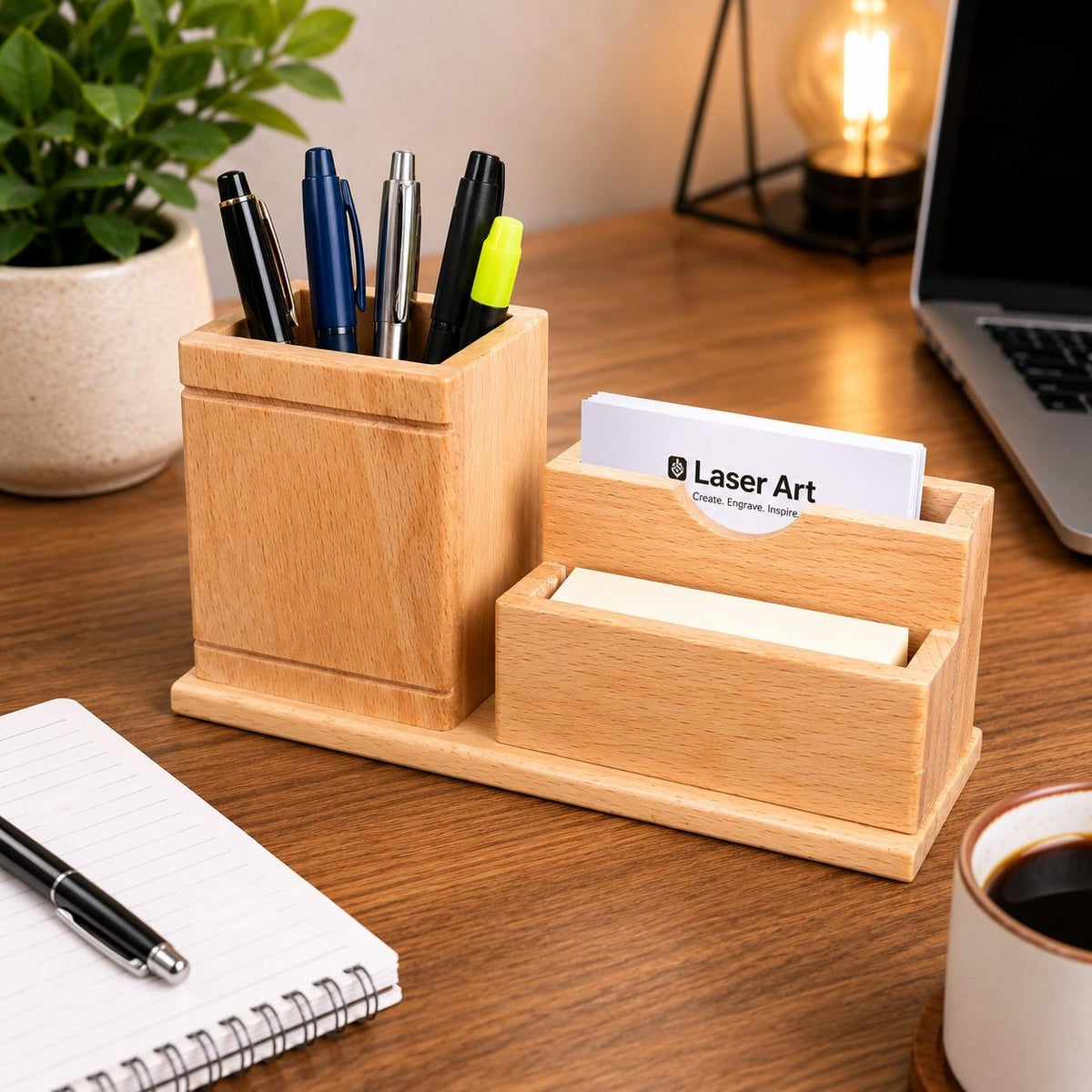 Wooden Desk Organizer with Pen Holder & Business Card Stand Set