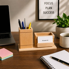 Wooden Desk Organizer with Pen Holder & Note Card Stand Office