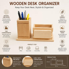 Wooden Desk Organizer with Pen Holder & Note Card Stand Office