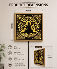 Buddha LED Wall Decor Frame | Illuminated Buddha Wall Hanging with Warm Yellow Light | Wooden Meditation Wall Art | Home Temple Decor