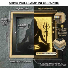 Laser Art Lord Shiva LED Wall Decor Frame 12x12 Inch | Mahadev Wall Hanging with Warm Yellow Light | Wooden & MDF Wall Art | USB Power Adapter Included | Spiritual Home Temple Living Room Decor