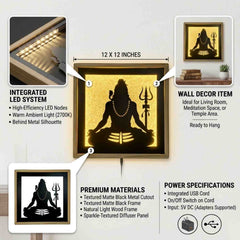 Laser Art Lord Shiva LED Wall Decor Frame 12x12 Inch | Mahadev Wall Hanging with Warm Yellow Light | Wooden & MDF Wall Art | USB Power Adapter Included | Spiritual Home Temple Living Room Decor