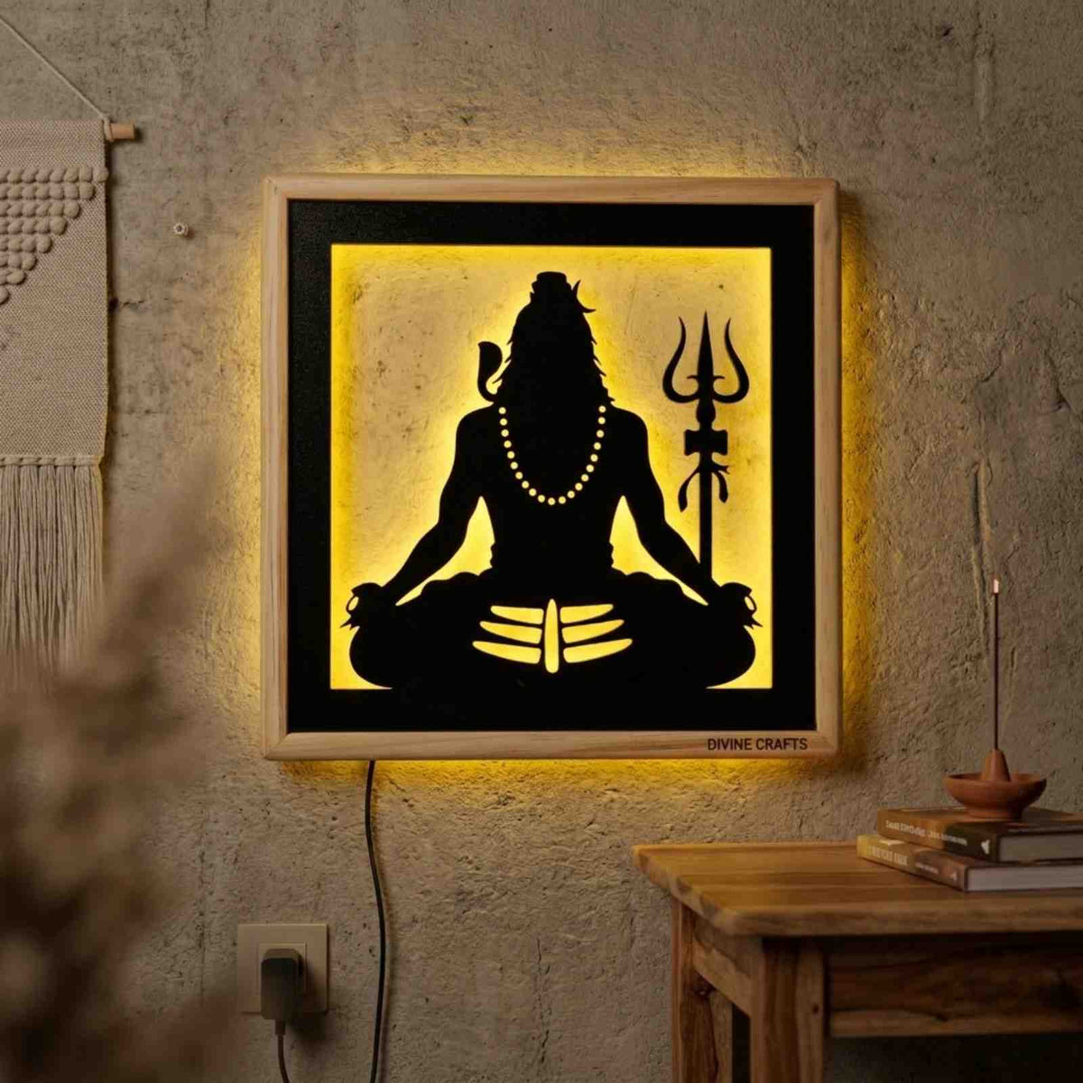 Laser Art Lord Shiva LED Wall Decor Frame 12x12 Inch | Mahadev Wall Hanging with Warm Yellow Light | Wooden & MDF Wall Art | USB Power Adapter Included | Spiritual Home Temple Living Room Decor